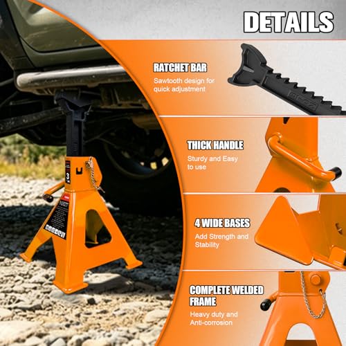 YATOINTO 3 Ton Jack Stands Heavy Duty 6,600 LBS, Car Jack Stand for Trucks with Double Pin Locking & Extra Rubber Pads, 11.3"-16.5" Adjustable for Garage, Home, DIY,1 Pair High Visibility Orange