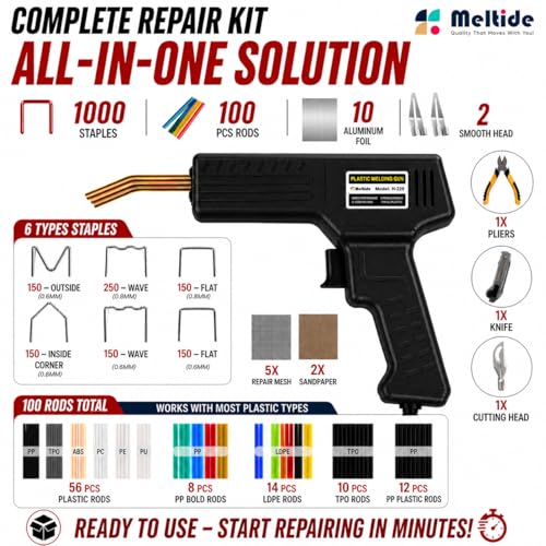 Upgraded 220W Plastic Welder Kit – Black Edition | 2-in-1 Hot Stapler & Plastic Welding Gun for Car Bumper Repair | Fix Cracked Plastic in Seconds | 1000 Staples, 100 Welding Rods | DIY Repair Tool - color: Black