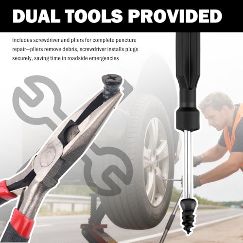 60PCS Car Tire Repair Rubber Nail Kit with Pliers/Screwdrivers,Self-Service Tubeless Tire Repair Screws Kit for Quick Repairs of Punctures,2 Sizes Screw Tires Plug Kits - color: Black