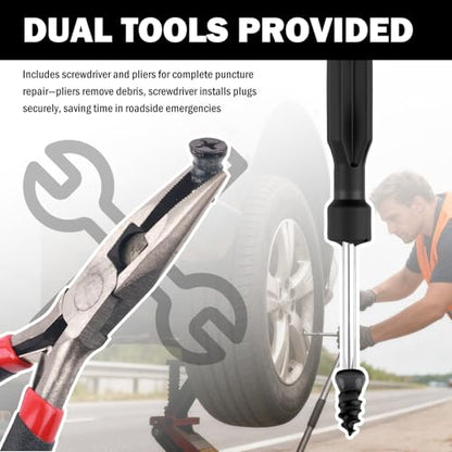 60PCS Car Tire Repair Rubber Nail Kit with Pliers/Screwdrivers,Self-Service Tubeless Tire Repair Screws Kit for Quick Repairs of Punctures,2 Sizes Screw Tires Plug Kits - color: Black