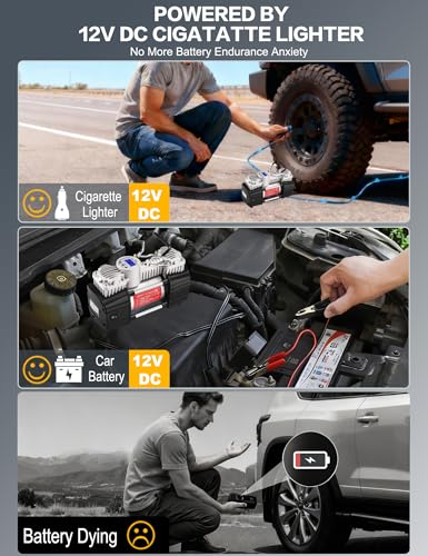 GSPSCN Digital Portable Tire Inflator Heavy Duty 12V Air Compressor Pump | 6X Faster Inflation Auto-Shut Off Dual Cylinder Metal Air Pump w/Extension Hose & Adapter for Car,SUV,Truck,RV,Van,Ball