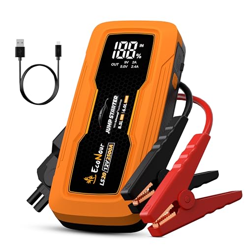 EcoNour 2500A Portable Car Jump Starter 12V Battery Booster Pack Up to 8.5L Gas & 6L Diesel Engines – Jump Box with Jumper Cables, USB Charger, LCD Display, LED Flashlight – for Cars, SUVs, Trucks - color: Orange, size: 2500A