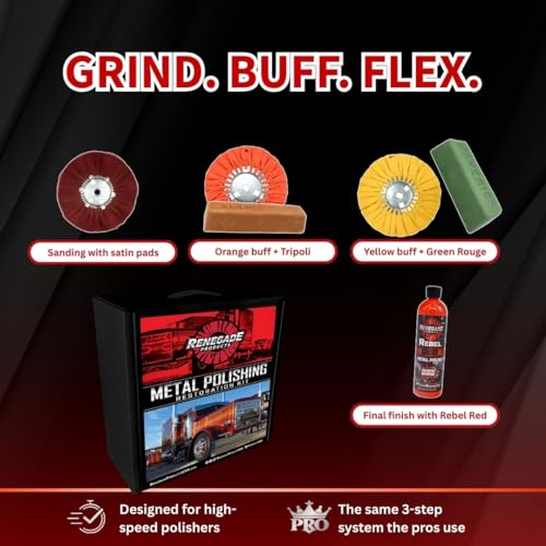 Renegade Products Big Rig & Semi Truck Metal Polishing Complete Kit with Buffing Wheels, Buffing Compound, Safety Flanges, Polishing Accessories and Rebel Red Liquid Metal Polish