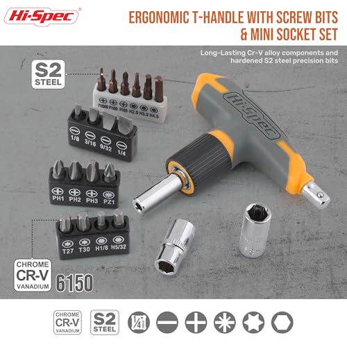 Hi-Spec Magnetic T-Handle Ratchet Wrench and Screwdriver Set with Toolbox | 30pc, socket and wrench coverage, roadside fixes, organized box, garage maintenance help, bike and vehicle tasks, quick setup - color: Yellow