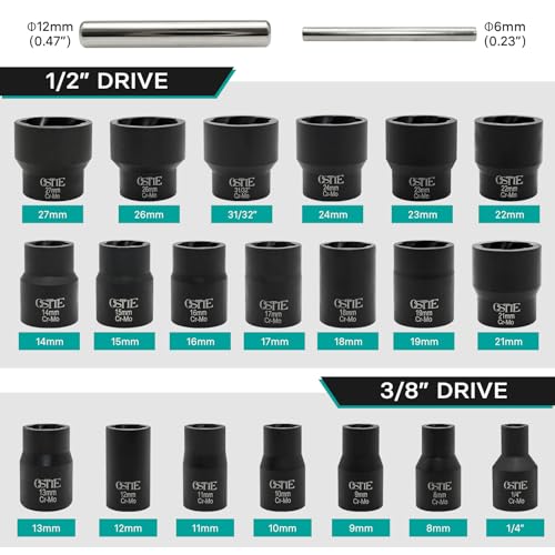 22Pcs Bolt Nut Extractor Set Metric 8-27mm, 1/2" & 3/8" Drive Impact Cr-Mo Steel Lug Nut Remover Socket, Wheel Lock Removal Kit for Damaged, Stripped, Frozen, Nuts & Screws - size: 22 Piece