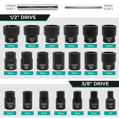 22Pcs Bolt Nut Extractor Set Metric 8-27mm, 1/2" & 3/8" Drive Impact Cr-Mo Steel Lug Nut Remover Socket, Wheel Lock Removal Kit for Damaged, Stripped, Frozen, Nuts & Screws - size: 22 Piece