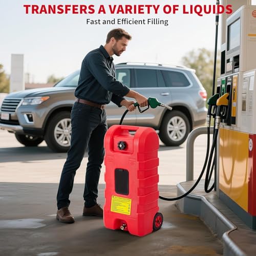 15 Gallon Gas Can, Fuel Tank Container with Fluid Transfer Manual Siphon Pump & 10FT Hose, Portable Diesel Gas Storage Caddy with Wheels for Car, ATV, Weeder, Boat - color: Red
