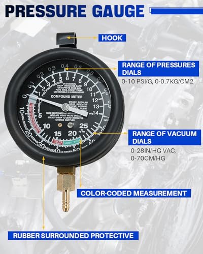 DASBET Car Vacuum and Fuel Pump Tester Gauge Kit, Fuel Pump and Vacuum Tester Gauge, Leak Carburetor Pressure Diagnostics