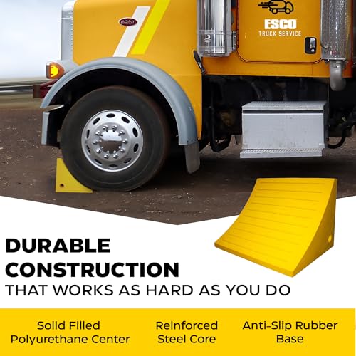ESCO 12593 Wheel Chock 60 Ton | Heavy-Duty Wheel Chocks for Trailers, Trucks & Construction Vehicles | Polyurethane Tire Stopper | Safety Yellow | OSHA/MSHA Compliant | 46"-65" Tire Size - size: 60 Ton Load Capacity