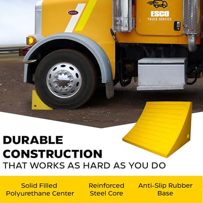 ESCO 12593 Wheel Chock 60 Ton | Heavy-Duty Wheel Chocks for Trailers, Trucks & Construction Vehicles | Polyurethane Tire Stopper | Safety Yellow | OSHA/MSHA Compliant | 46"-65" Tire Size - size: 60 Ton Load Capacity