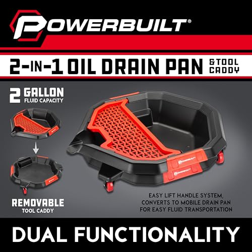 Powerbuilt 2-in-1 2 Gallon Oil Drain Caddy, Tool Creeper, Drain Pain - Red Black 642964ECE