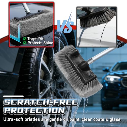 65" Car Wash Brush with Long Handle, Flow-Thru Car Washing Brush with Hose Attachment, Scratch-Free Soft Bristles for RV, Truck, SUV, Boat & House Siding Cleaning, Aluminum Extension Pole|Grey - color: Gray