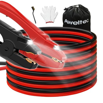 Heavy Duty Jumper Cables,6 Gauge 16 Feet Booster Battery Cable,Automotive Wires with LED Light,Alligator Clips,Carrying Bag,Safety Gloves and Iron Brush for Cars Truck - size: 6 Gauge 16 feet (LED)