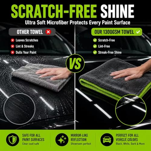 Microfiber Car Drying Towel & Chenille Wash Mitt Set, 1300 GSM 16 x 24 in Absorbent Auto Detailing Towel, Scratch-Free Car Wash Cloth and Mitt for Washing, Drying, Detailing, Gray Green