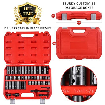 49PCS 3/8'' Drive Impact Socket Set, SAE 5/16”-3/4” & Metric 8-22mm, CR-V Steel Mechanics Tool Set with Universal Joint, Extension Bar, 1/2 to 3/8 Reducer, Hex Shank Socket Adapter, Ratchet Handle - size: 3/8" Impact Socket Set