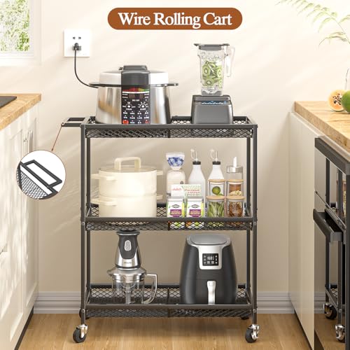 3 Tier Rolling Utility Kitchen Cart, Heavy Duty Wire Rolling Cart on Wheels, Commercial Metal Serving Carts with Handle, Kitchen Island Plant Shelf Food Storage Trolley for Laundry, Office, Garage - color: Black