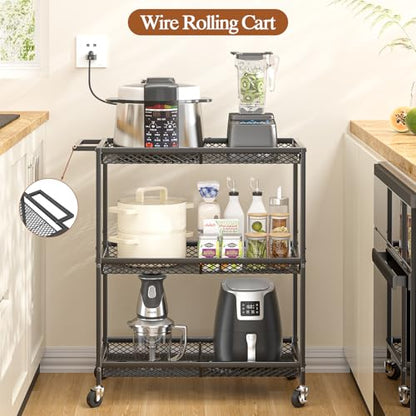 3 Tier Rolling Utility Kitchen Cart, Heavy Duty Wire Rolling Cart on Wheels, Commercial Metal Serving Carts with Handle, Kitchen Island Plant Shelf Food Storage Trolley for Laundry, Office, Garage - color: Black