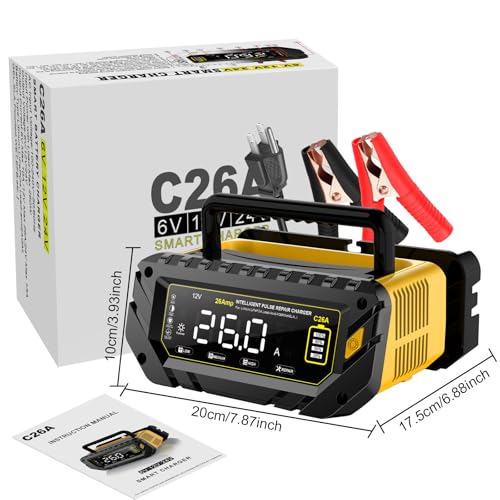 Car Battery Charger Auto-Stop 6V/12V/24V Trickle Charger | Max 26 Amp, Lithium LiFePO4 & Lead-Acid(All Car Battery) Battery Maintainer, Overcharge Protection, Temperature Compensation