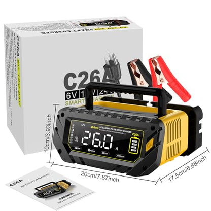 Car Battery Charger Auto-Stop 6V/12V/24V Trickle Charger | Max 26 Amp, Lithium LiFePO4 & Lead-Acid(All Car Battery) Battery Maintainer, Overcharge Protection, Temperature Compensation