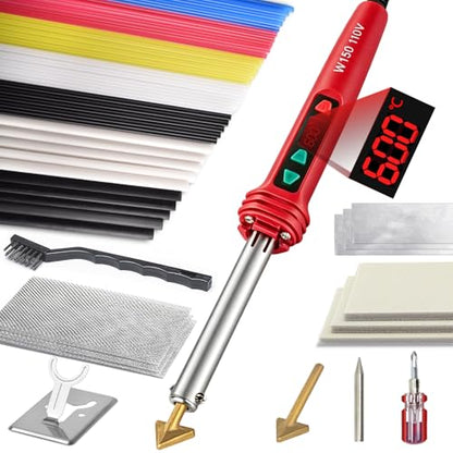 150W LED Digital Adjustable Temperature Plastic Welder, 3 IN 1 Welding Kit with 70PCS Rods, 3 Tips Welder Soldering Iron Kit, Plastic Repair Kit for Car Bumper/Kayaks,etc (Red)