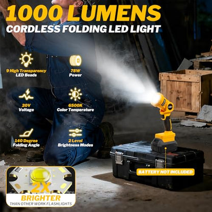 OCHESI Cordless LED Work Light Compatible with Dewalt 20V MAX Battery, 1000LM Handheld Flashlight with Two Levels and 140 Degree Rotating Wide-Angle Lighting for Workshop, Camping (No Battery)