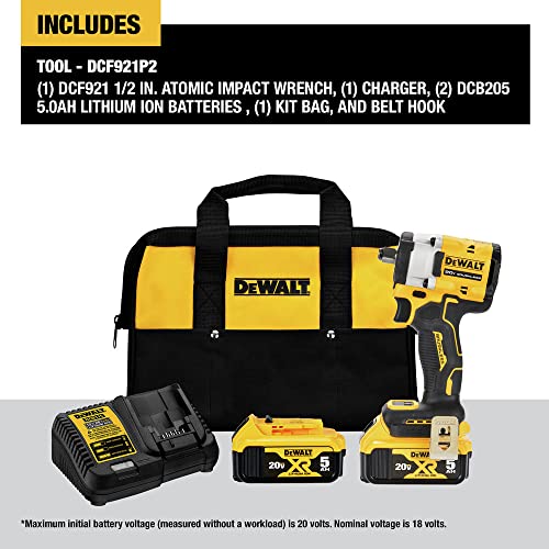 DEWALT DCF921P2 ATOMIC 20V MAX* 1/2 in. Cordless Impact Wrench with Hog Ring Anvil Kit | 300 Ft-Lbs Fastening/450 Ft-Lbs Breakaway, 4 Speeds, Kit: DCF921, DCB115, 2) DCB205 5ah