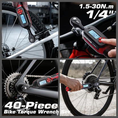 40-Piece 1/4" Digital Torque Wrench Set, 1-22 Ft.lb / 1.5-30 N.m | Electronic Torque Wrench with Bits, Sockets & Accessories, ±2%, LED & Buzzer Alerts for Bicycle, Motorcycle & DIY Repair - size: 1/4" 40pcs-Bike 1.5-30N.m/1-22Ft.lb
