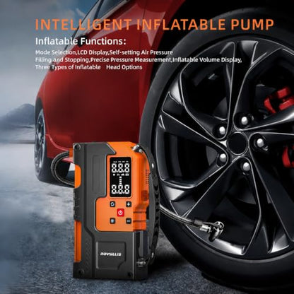 4000A Car Battery Jump Starter with Air Compressor 150PSI Portable Tire Inflator for Car 10000mAh Power Bank Emergency SOS LED Light Emergency Window Breaker Auto Shutoff 12V Battery Booster