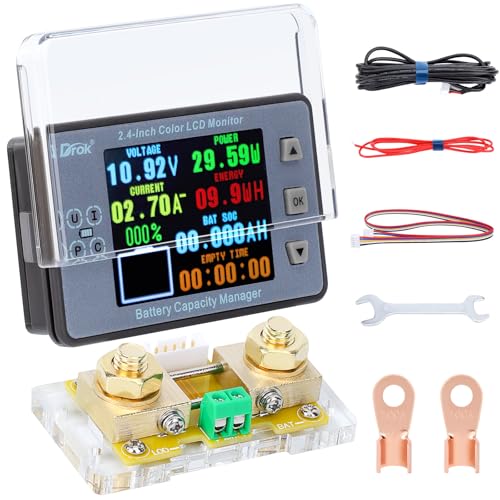DROK Digital Multimeter, DC 8-100V 100A Battery Monitor 12V 24V 36V 48V 60V Volt Amp Watt Meter, Big Color Screen LCD Display Capacity Time Power Voltmeter Ampmeter for RV Solar Panel Battery Charge - size: 100A/With Base