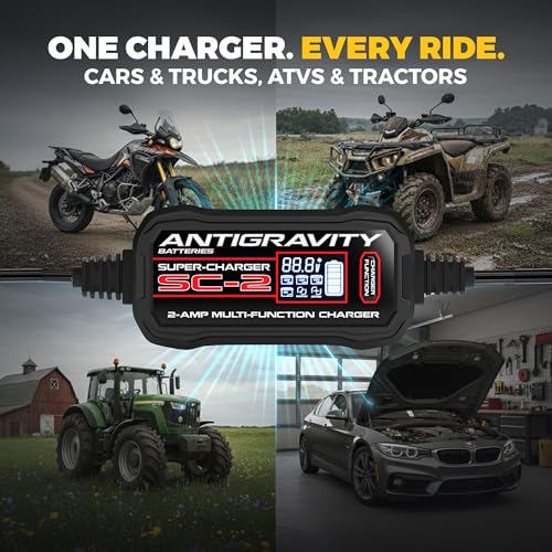 Antigravity Super-Charger – 2-Amp 6V/12V Multi-Function Battery Charger & Maintainer for Lithium (LiFePO4) and Lead/Acid Batteries, LCD Display, Auto Winter Mode, Recondition Feature