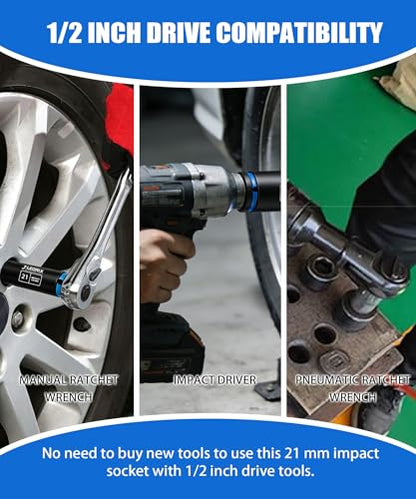 21mm Deep Impact Socket 1/2" Drive CR-MO Steel 6-Point | CR-MO steel impact socket set. 1/2" drive, 6-point design. Deep reach for lug nuts & axle nuts. - size: 21mm
