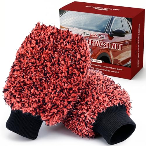 TAKAVU Car Wash Mitt, 2 Pack Microfiber, Scratch-Free (Red & Black) | Soft Lint-Free Wash Gloves Hold Sudsy Water for Auto Detailing, Machine Washable, Safe on Paint & Coat - color: Red