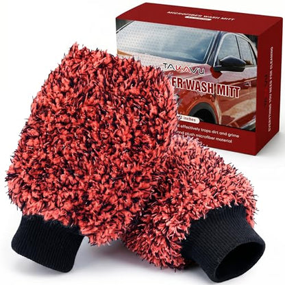 TAKAVU Car Wash Mitt, 2 Pack Microfiber, Scratch-Free (Red & Black) | Soft Lint-Free Wash Gloves Hold Sudsy Water for Auto Detailing, Machine Washable, Safe on Paint & Coat - color: Red