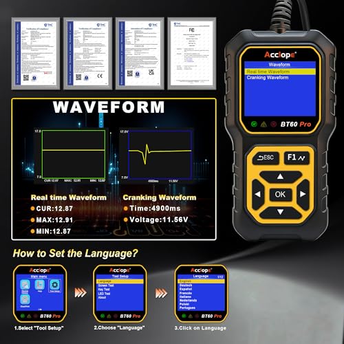 BT60 PRO Car Battery Tester 6V/12V/24V, 2–120Ah, 100–3000 CCA, AGM/Gel/Lithium, Alternator & Starter/Charging System Analyzer, QR Cloud Report (No App), Digital Analyzer - color: Black-Yellow