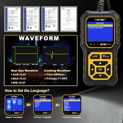 BT60 PRO Car Battery Tester 6V/12V/24V, 2–120Ah, 100–3000 CCA, AGM/Gel/Lithium, Alternator & Starter/Charging System Analyzer, QR Cloud Report (No App), Digital Analyzer - color: Black-Yellow