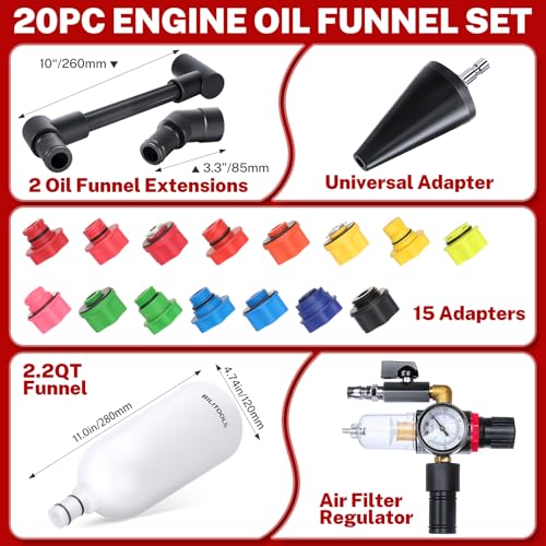 BILITOOLS Engine Oil Funnel Kit, Master Oil Filling Tool Kit for Oil Change | 2.2QT Automotive No Spill Funnel Set with 15 Adapters for Common Vehicle Makes and Models