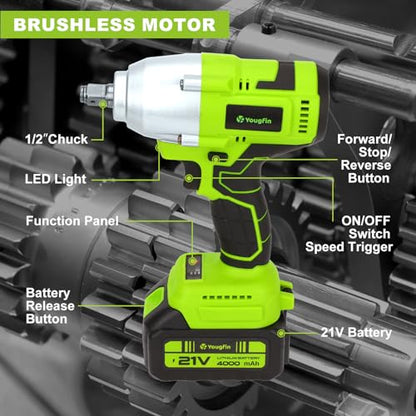 Cordless Impact Wrench 550N.m (406 Ft-lbs), 1/2" Power Brushless Impact Gun with 4.0Ah Battery for Car Home, Electric High Torque Impact Driver - Ideal for Mechanic, Mechanical Engineer