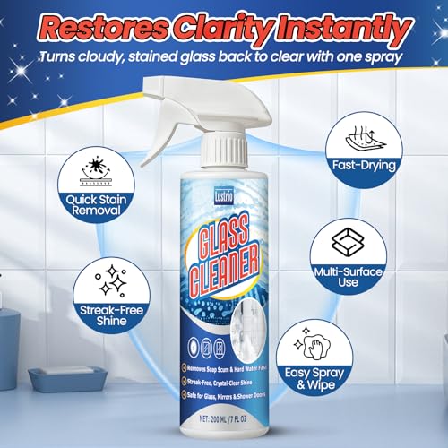 Instant Shine Bathroom Glass Cleaner with Microfiber Towel – Removes Hard Water Limescale & Soap Scum on Shower Doors, Tiles & Mirrors – Streak-Free Fast Drying (200ml)