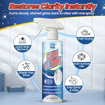 Instant Shine Bathroom Glass Cleaner with Microfiber Towel – Removes Hard Water Limescale & Soap Scum on Shower Doors, Tiles & Mirrors – Streak-Free Fast Drying (200ml)