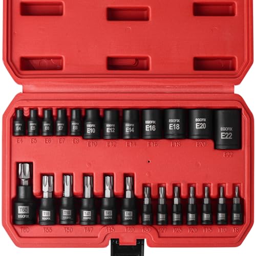 25 Piece Torx Bit and Socket Set, 13 Star Bits (T8- T60) & 12 E-Torx Sockets (E4-E22), Professional Grade Auto & Motorcycle Mechanic Set - style: 25PCS T & E socket set
