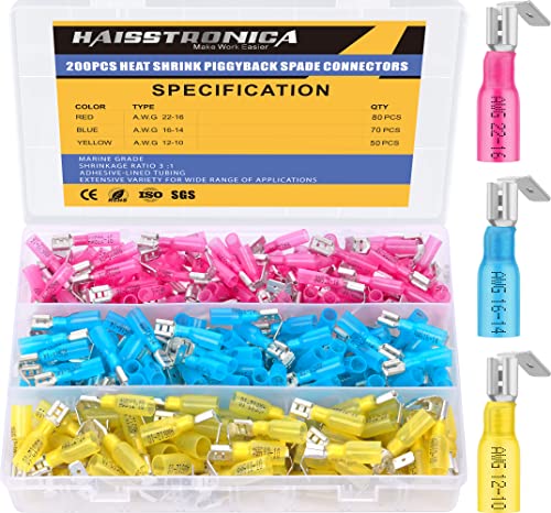 haisstronica 200PCS Heat Shrink Piggyback Spade Connectors, 22-10 AWG Piggyback Wire Connectors, Quick Disconnect Piggyback Terminals (3Colors/3Sizes) - size: AWG 22-10, style: Piggyback 200PCS