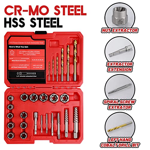 30 Pcs Spiral Screw Bolt Extractor Set Left Hand Drill Bit Set | 6542/4341 HSS Stripped Bolt Remover Borken Bolt Extractor Kit for Removing Nuts Bolts with Solid Storage Case - size: 30Pcs
