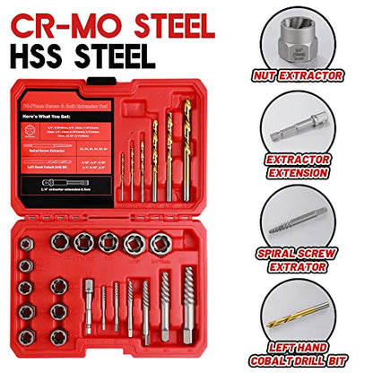 30 Pcs Spiral Screw Bolt Extractor Set Left Hand Drill Bit Set | 6542/4341 HSS Stripped Bolt Remover Borken Bolt Extractor Kit for Removing Nuts Bolts with Solid Storage Case - size: 30Pcs