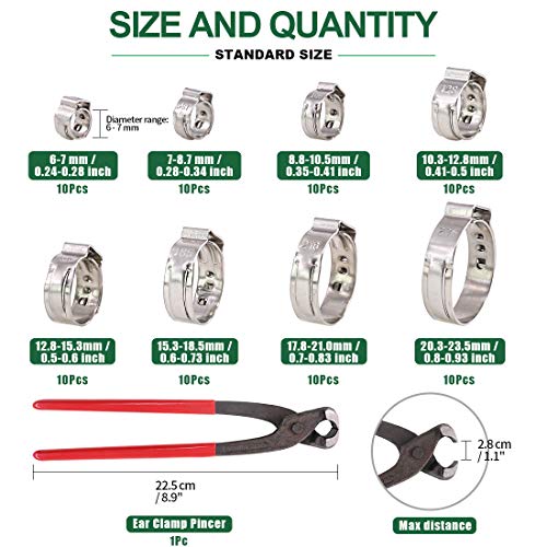 Keadic 81Pcs Single Ear Hose Clamps, 6-23.5mm Stepless Hose Clamps with Ear Clamp Pincer 304 Stainless Steel Ear Clamps Crimp Pinch Tools for Automotive Home Appliance