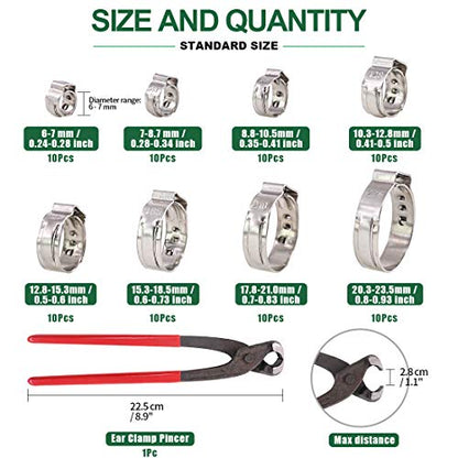 Keadic 81Pcs Single Ear Hose Clamps, 6-23.5mm Stepless Hose Clamps with Ear Clamp Pincer 304 Stainless Steel Ear Clamps Crimp Pinch Tools for Automotive Home Appliance