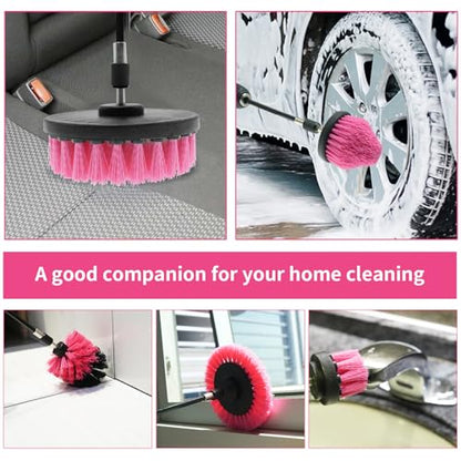 8 Pcs Drill Brush Attachment Set, Power Cleaning Scrub Brush Kit with Extend Long Attachment, All Purpose Drill Scrub Brushes for Car, Grout, Floor, Tub, Bathroom and Kitchen (Pink) - color: Pink