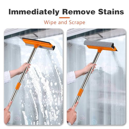 2-in-1 Adjustable Window Squeegee with Extendable Stainless Steel Pole, 30.7 inch-55 inch Height for Glass, Shower, Car Windshield and Glass Surface Cleaning