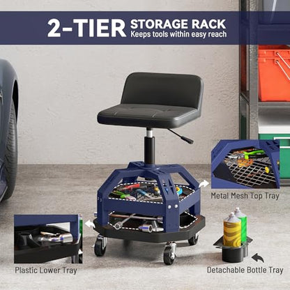 HOMCOM Rolling Mechanic Stool 300 LBS Capacity, Backrest 360° Wheels Blue | Pneumatic Creeper Garage Stool, Heavy Duty Roller Seat, Padded Shop Chair, Tool Tray Storage, Adjustable Height - color: Blue