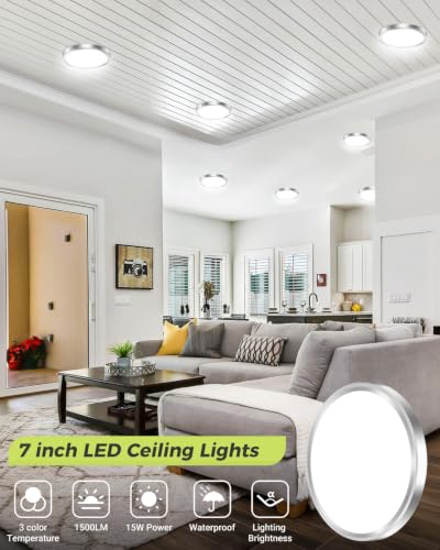 hepside 1PACK LED Flush Mount Ceiling Light, 3000K-4000K-6500K & 100W Equivalent Modern Kitchen Recessed Ceiling Lamp 15W 1500Lm 7 Inch for Bathroom Closet Laundry Bedroom - color: Brushed Nickel, size: 7Inch-1pack