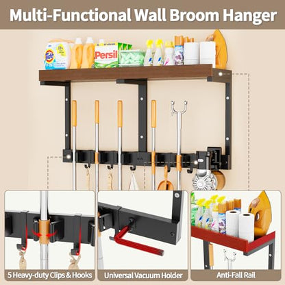 Broom and Mop Organizer Wall Hanging, Broom Hanger Holder Wall Mount | 3-in-1 mop and broom holder wall mount with 5 racks,5 hooks, storage shelf & vacuum organizer for garage,kitchen,laundry room